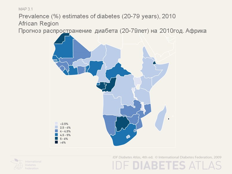 Map 3.1 Prevalence (%) estimates of diabetes (20-79 years), 2010 African Region  Прогноз